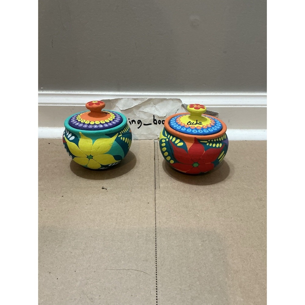2 Cuban Painted Terracotta Trinket Jars - Picture 5 of 12